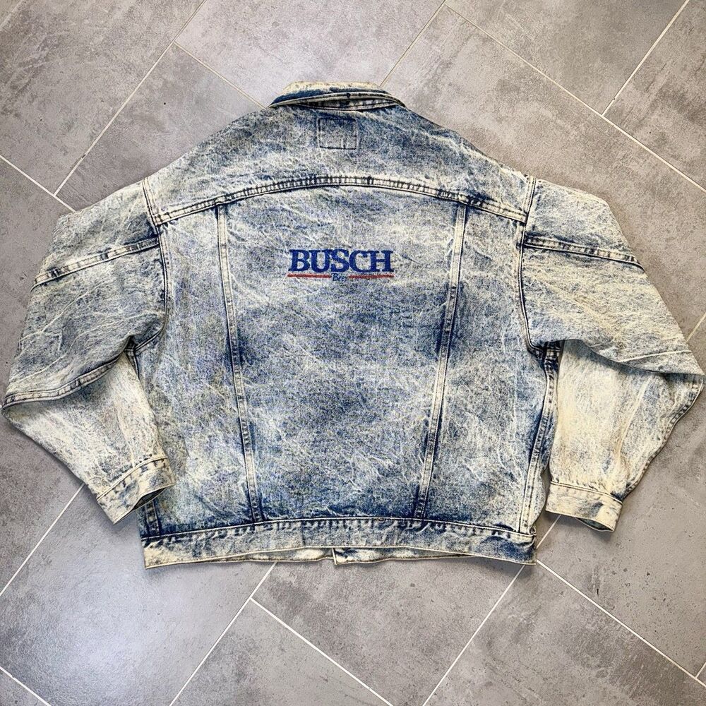 Vintage 80’s Big Smith Acid Wash Denim Jean Jacket Busch Beer Logo XXL USA Made